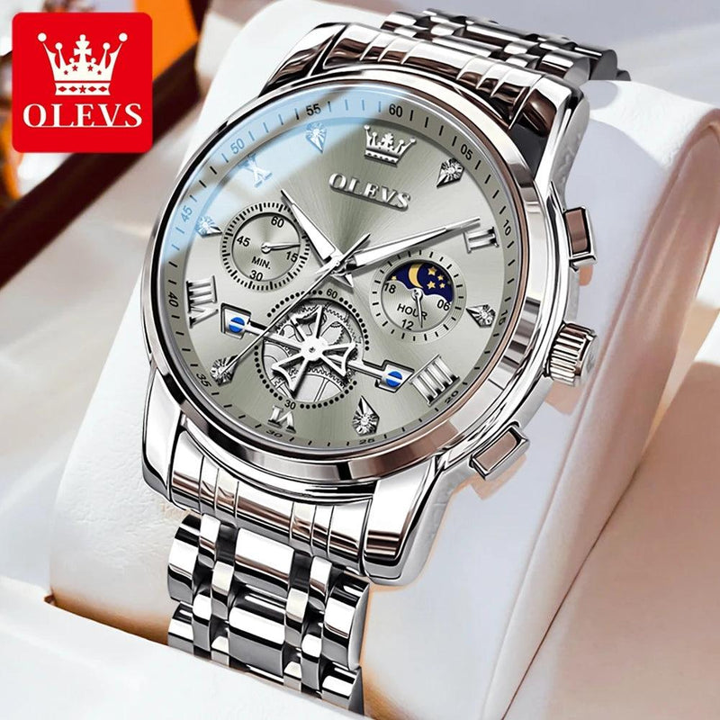 OLEVS Men's Watches Classic Multifunctional Fltwheel Chronograph Original Quartz Wristwatch Moon Phase 24 Hour Waterproof reloj - CRAVO ROSE