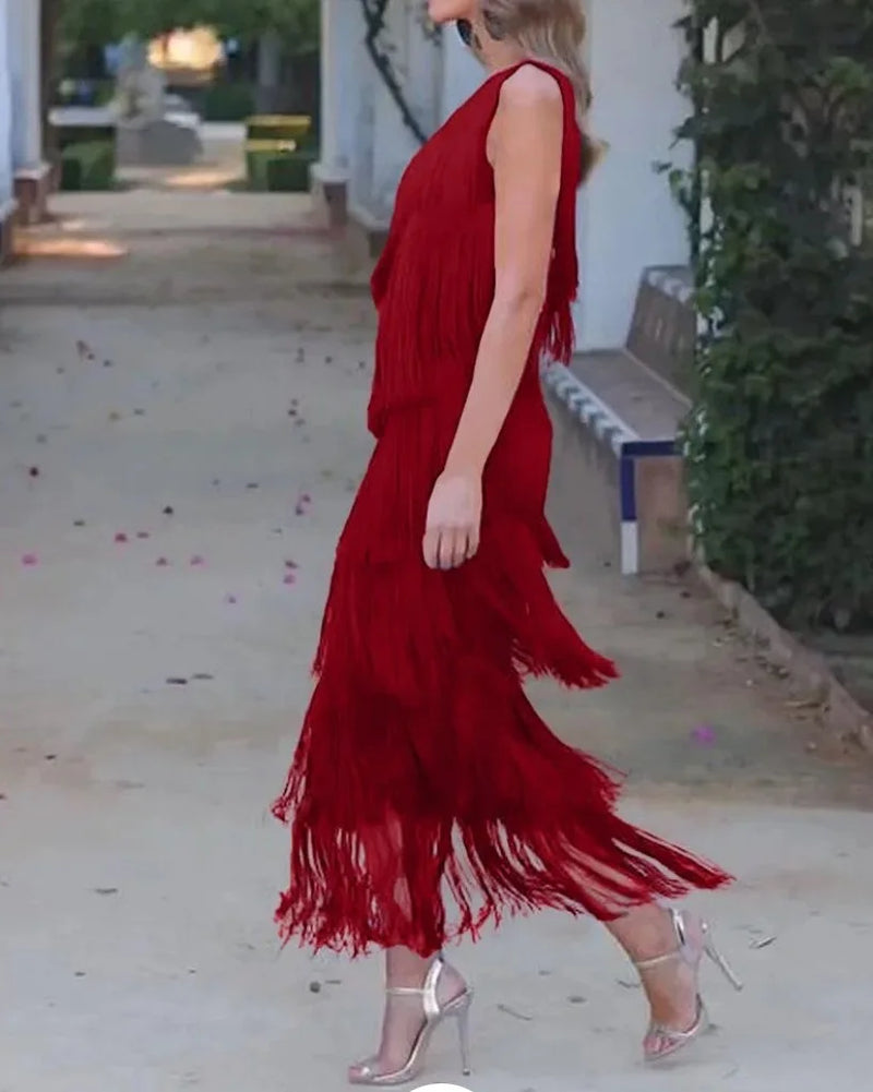 Elegant Asymmetric Slim Evening Dress Fashion Tassel Club Party Dress 2024 Lady Sexy Diagonal Collar Sleeveless Tank Long Dress