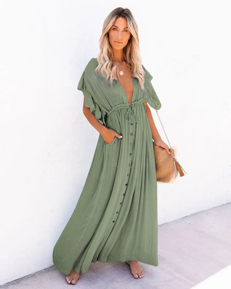 Blusa de biquíni com botões e cintura alta, saia longa, cardigan, jaqueta de praia para férias, proteção solar