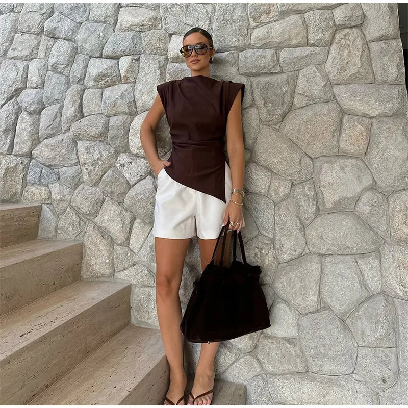 Vestido longo elegante com decote redondo e manga curta, moda feminina, liso, plissado, gaze, patchwork, 2025, novo, para escritório