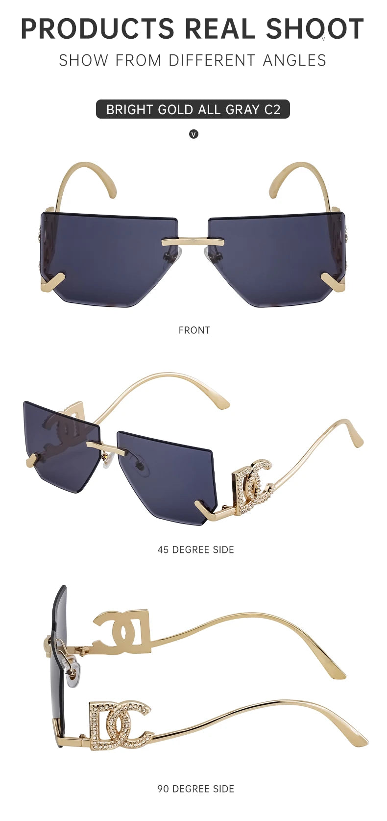 Óculos de sol quadrados sem aro punk femininos, armação de metal, design de marca de luxo, óculos retrô para mulheres, proteção UV400, 2025