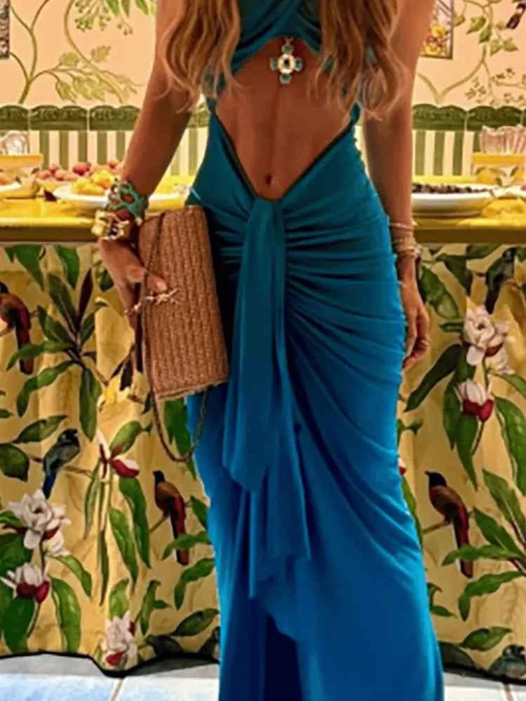 Fashion O-neck Solid Color Evening Dress Elegant Hollow Out Lace-up Slim Long Dress Women Casual Sleeveless Draped Party Dress