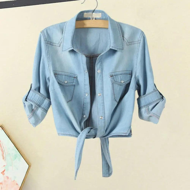 Denim Shirt Short Sleeve Womens Tops Femme Crop Tops Women Sexy Short Shirt Blouse Summer Cool Feminine Shirts - CRAVO ROSE