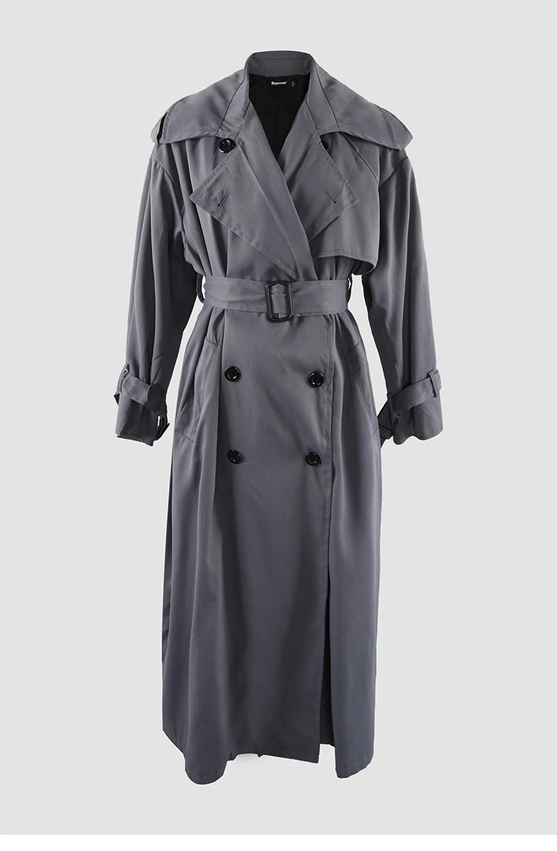 Nerazzurri Autumn Extra Long Oversized Khaki Flowy Soft Trench Coat for Women Back Slit Double Breasted Loose Casual Overcoat