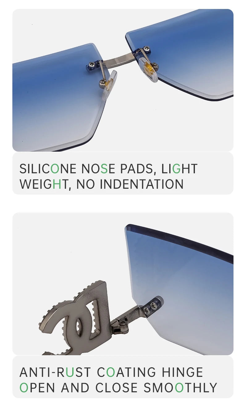 Óculos de sol quadrados sem aro punk femininos, armação de metal, design de marca de luxo, óculos retrô para mulheres, proteção UV400, 2025