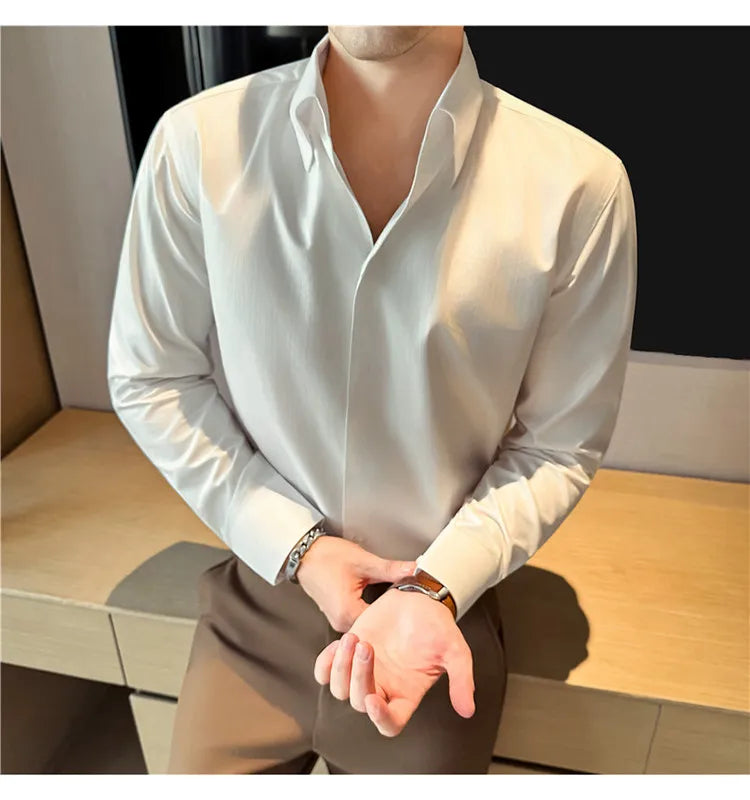 2026 Spring Fashion Big Collar Design Long Sleeved Shirt High Quality Men's Business Slim Fit Social Tuxedo Cotton Shirts