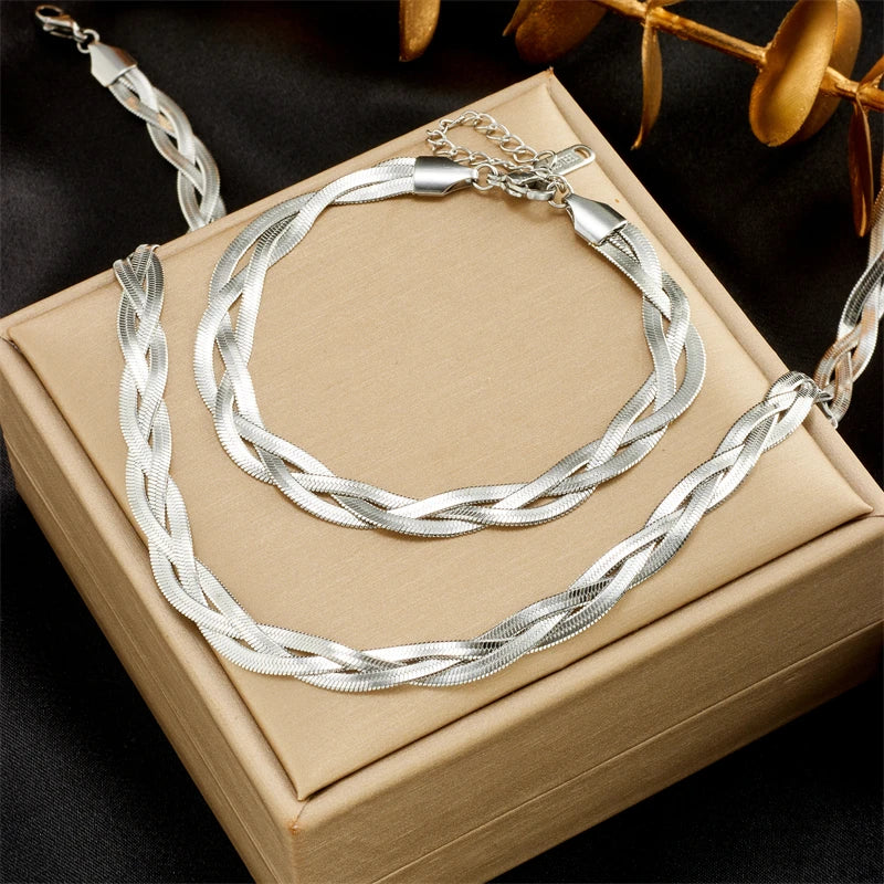 DIEYURO 316L Aço Inoxidável 3 em 1 Crossover Snake Corrente Colar Pulseiras Para Mulheres Menina Nova Moda Conjunto de Jóias À Prova D'água