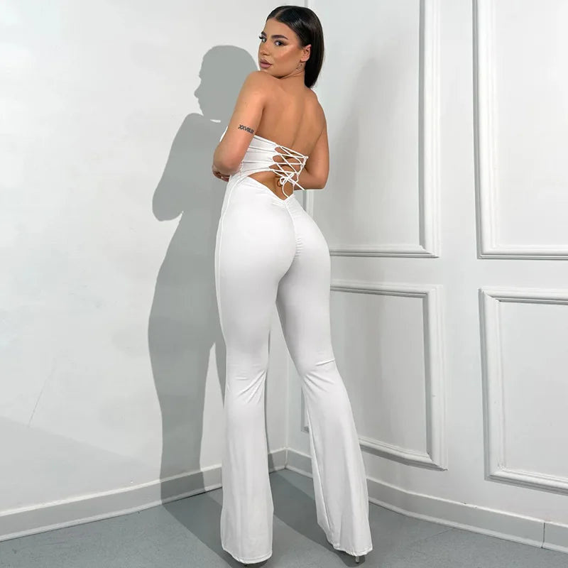 2025 Summer Women's Solid Color Back Strap Strapless Strapless Open Shoulder Tight Micro Flared Pants Jumpsuit