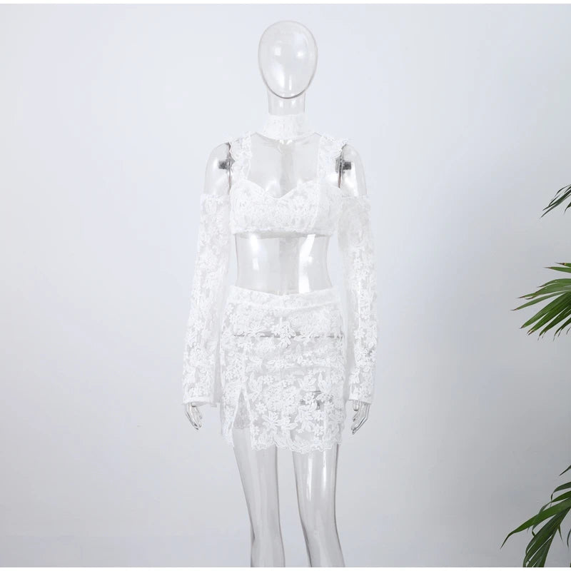 Lace Mini Skirt Set Women Hollow Out Cold Shoulder Crop Top Side Split Skirts Suit Female Summer Holiday Sexy Sets Lady Beach