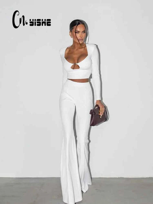 CNYISHE Long Sleeve U Neck Solid Fashion Women Sets 2-Pieces(Tops+Pants) Sheath Sexy Club Suits Fitness Casual Female Elegant