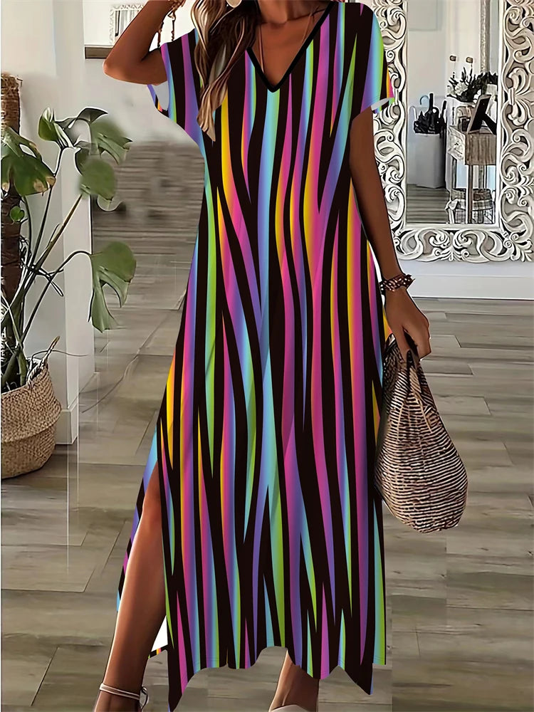 Simple Fashion Women's V-neck Dress Striped Print Women's Dress Summer Loose Comfortable Slit Women's Short-sleeved Dress