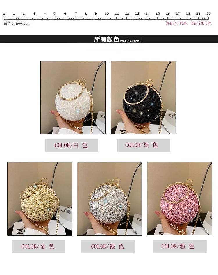 Sparkly Round Evening Purses for Women Shiny Diamonds Handbag Unusual Party Mini Small Bags Fashion Luxury Shoulder Bag Woman