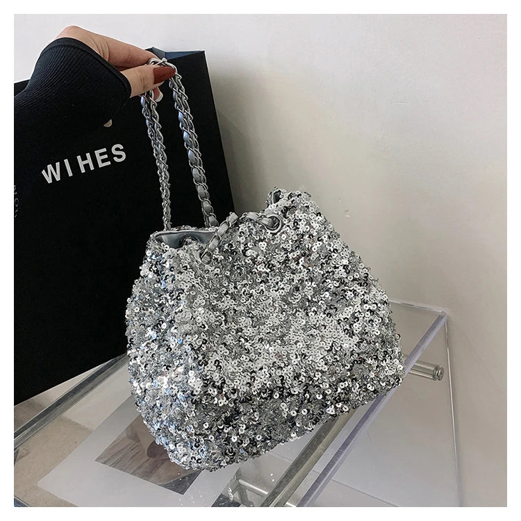 Sparkling Sequins Bucket Shoulder Bags Sense of Luxury Large Capacity Fresh Crossbody Bags for Women 2024 Fashion Versatile Hot