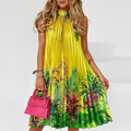 Lady Casual Loose Halter Pleated Maxi Dress Women Fashion Leaf Print Sleeveless Beach Boho Dress Elegant Halter Long Party Dress