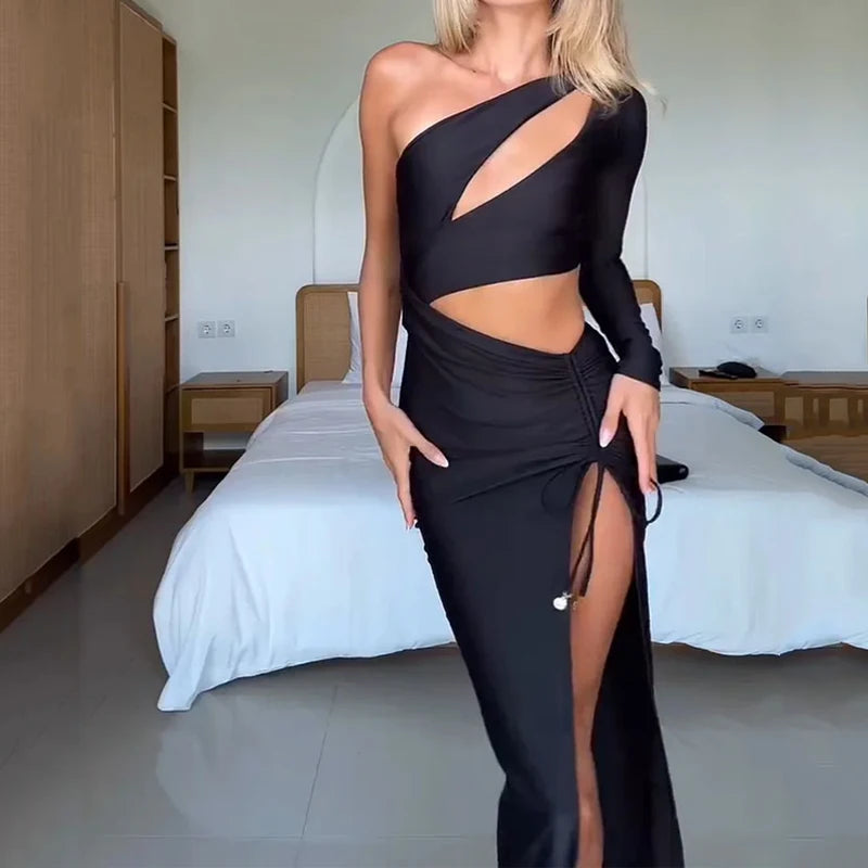 Ellafads Women Long Dress Sexy Stylish 2025 Newest Long Sleeve One Shoulder Hollow Out Irregular Drawtring Lace Up Party Dresses