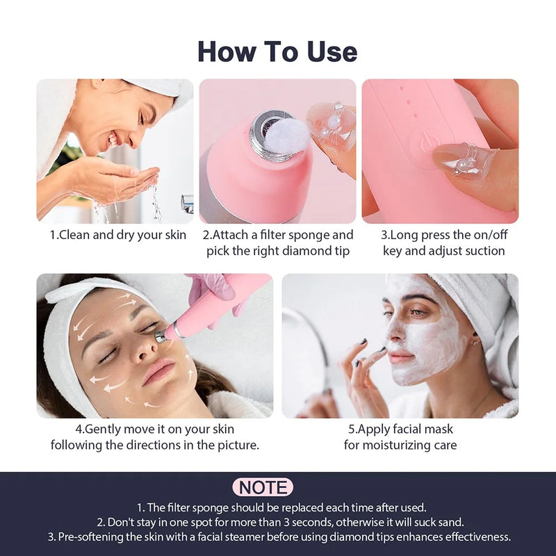 Máquina portátil de microdermoabrasão de diamante, dispositivo de peeling facial, esfoliação a vácuo, removedor de cravos com 4 pontas de peeling de diamante