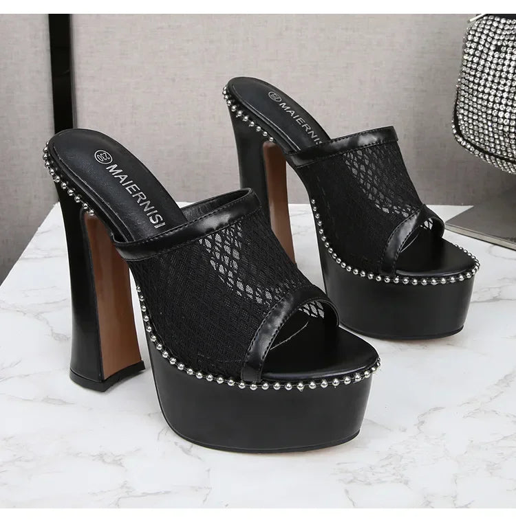 Women Mesh Lace Sandals  Summer Sexy High Heels Platform Slippers Ladies Fashion Bright Leather Comfort Open Toe Sandals