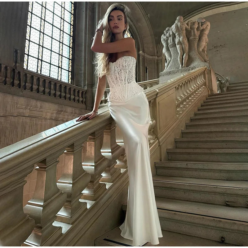 Conjuntos elegantes de renda e cetim com top e saia longa femininos, blusa justa e ombro de fora, robes femininos para festa de verão e noite