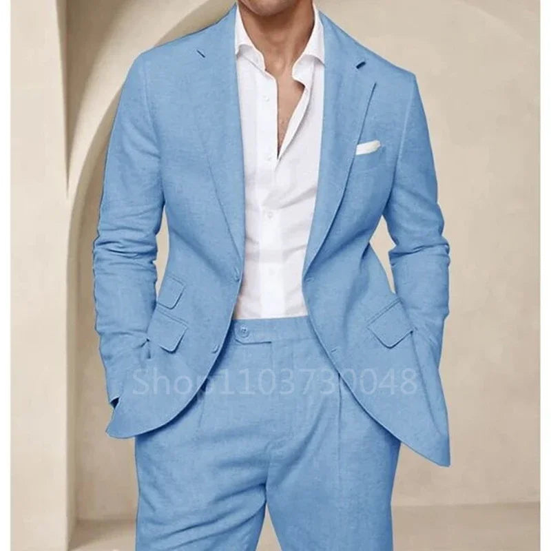 Terno masculino de linho azul/bege de alta qualidade, 2 peças, elegante, casual, abotoamento simples, slim fit, blazer com lapela entalhada e calças, traje masculino
