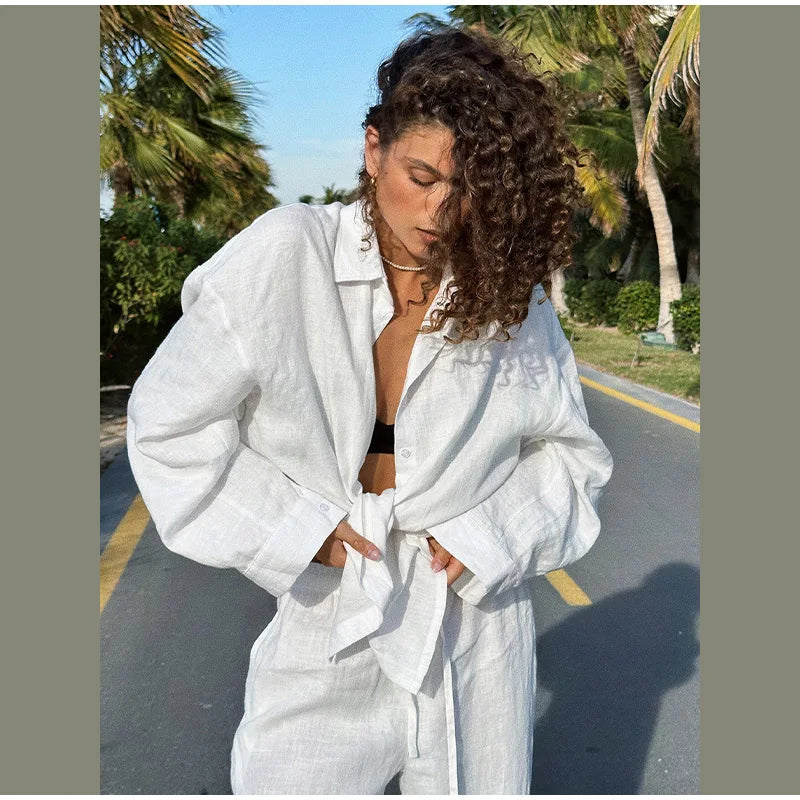 Conjunto casual de calças retas e soltas, moda primavera e outono, manga comprida, camisa de botão único, roupa chique