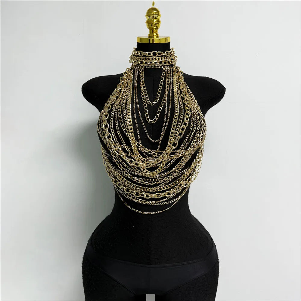 Silver Metal Chain Halter Top Sexy Layered Body Chain Vest Women Festival Rave Party Clubwear Lingerie Jewelry Accessory