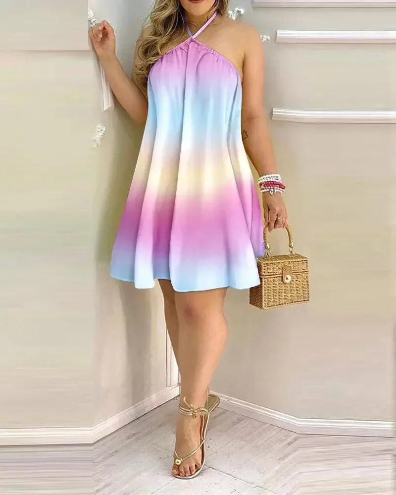 Vestidos Sem Mangas Sem Costas Curto Mini Vestido Solto Halter Neck Estampa Praia Vestido de Verão Floral Vestidos S-3XL