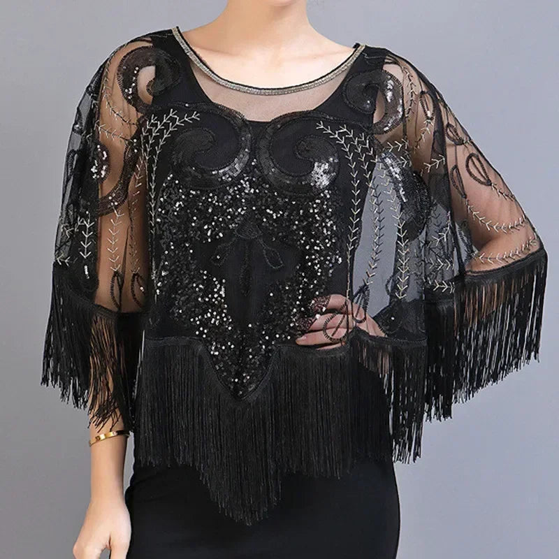 Summer Sequins Tassels Poncho Women Coat Party Outfits Cape Mesh Jacket Ladies Cloak Shawls Casaco Outerwear Wraps Woman Clothes