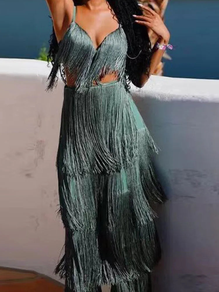 Women's Outfits Tassel Design Hollow Out Party Suit Sexy Backless Slim Fit Two Piece Set Low Cut V-neck Bra Top with Long Pants