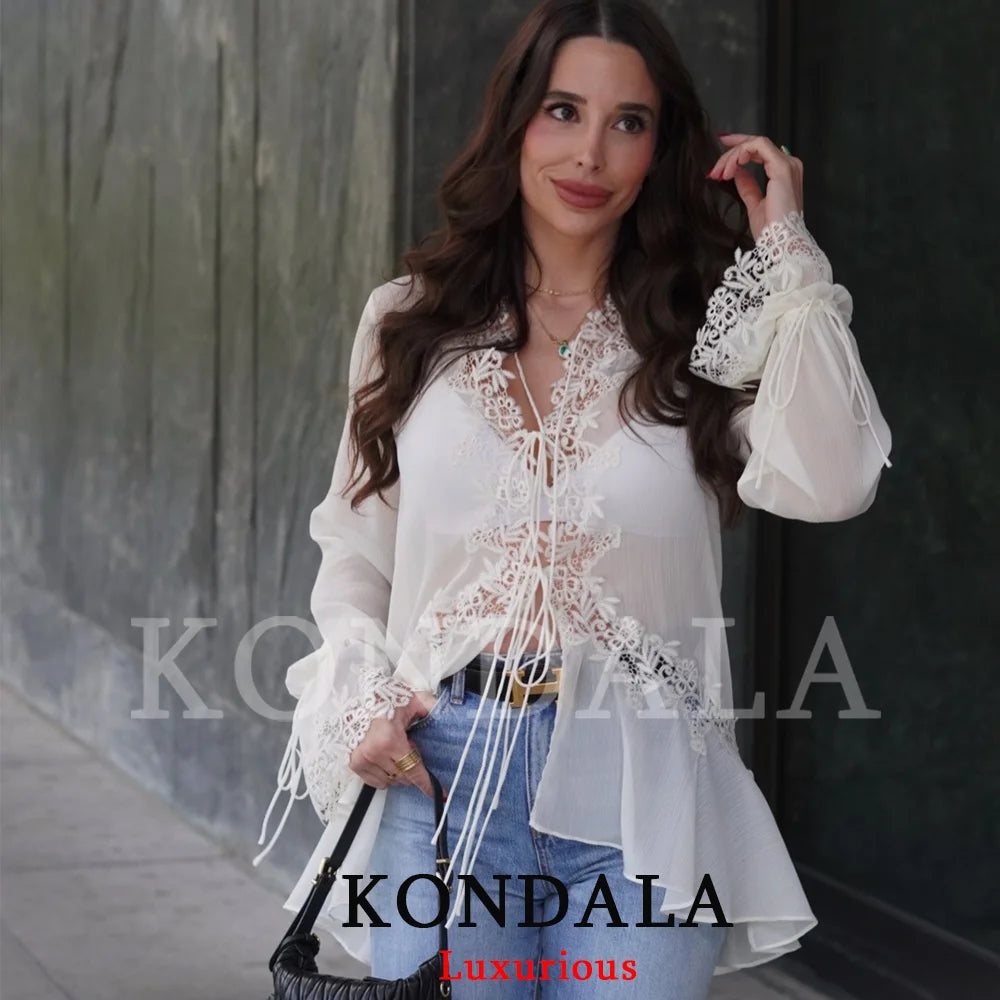 KONDALA Sexy Chiffon Transparent Women Blouses Bow Tie Patchwork Loose Ruffles Shirts Fashion 2026 Summer Beach Holiday Outwear