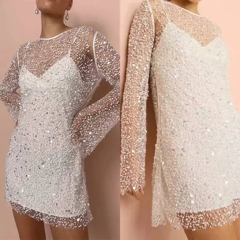 2PCS Women's Summer Suspender Dress With Sequined Seersucker  Perspective Mesh Strap Design Party Dress Up Black And White