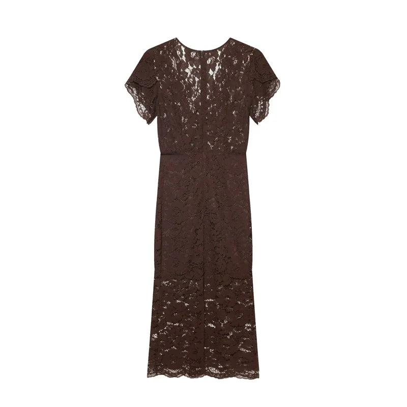Women's Dress 2026 Summer New Solid Color Short Sleeve V-neck Lace Waistband Long Dress Elegant and Stylish Fashionable
