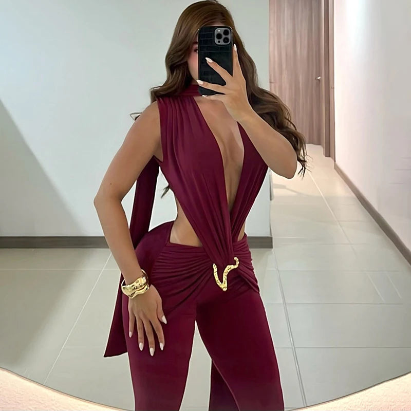 Women Ruched Sexy Metal Trim Jumpsuit Waistless Cross Hollow Bandage Coquette Midnight Workout Hipster Stretch Overalls