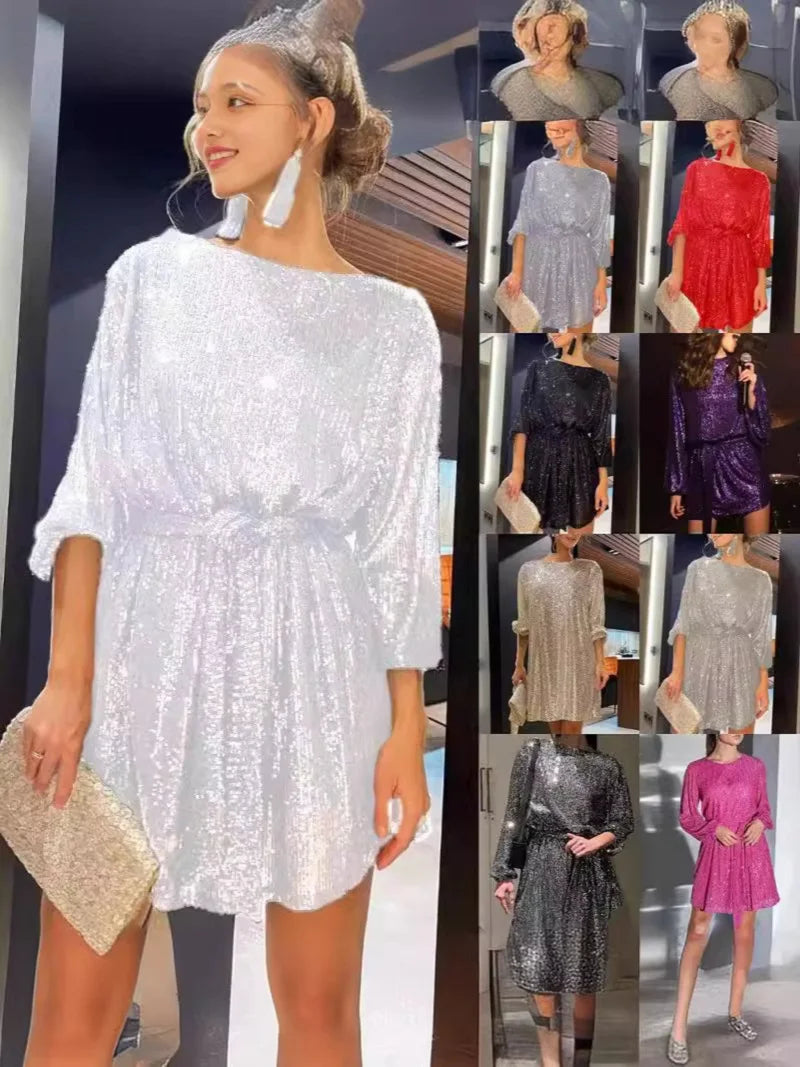 Fashion sequined Pearl color waist dress evening dress skirt women's dress