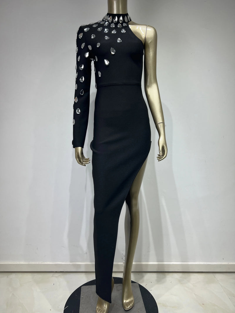 Women Celebrity Sexy Single Sleeve Rhinestone Black Maxi Long Bodycon Bandage Dress 2023 Elegant Evening Club Party Dress