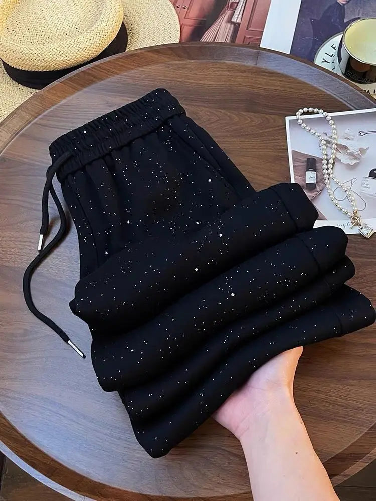 Shiny Ice Silk Wide Leg Pants Women Summer New High Waist Straight Casual Sports Long Trousers Children's Matching Pants
