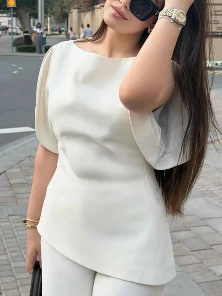 SLTNX Women's Elegant Vintage Short Puff Sleeve O-Neck Asymmetrical Hem Blouse - 2026 Spring Summer Y2K Streetwear Top