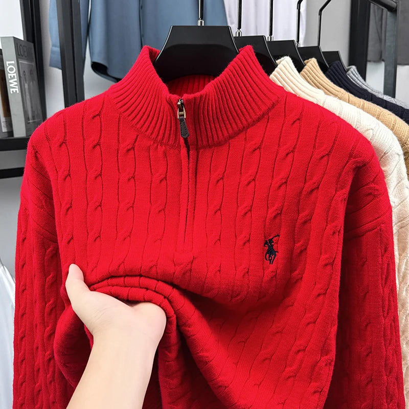 Heshi Brand Fashion American 2025 Vintage Stand Collar Zipper Embroidery Sweater Fried Dough Twists 3D Autumn Winter Knitwear
