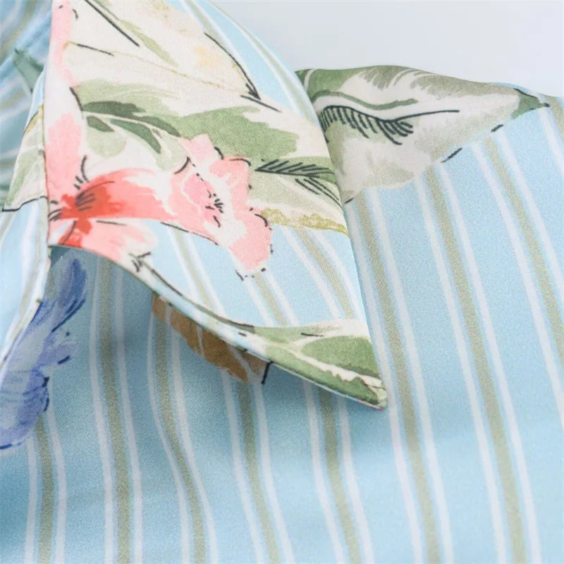 Women's Shirt 2026 Summer New Style Floral Print Long Sleeve Satin Textured Loose Shirt Beach Vacation Relaxed and Lazy