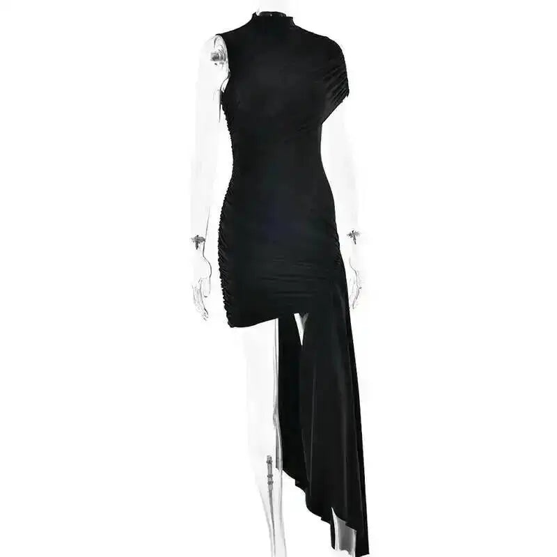 Balitops Summer Draped Ruched Sexy Mini Dress Women 2025 New Irregular High Waist Slim Fit Dress Female Elegant Club Tank Dress