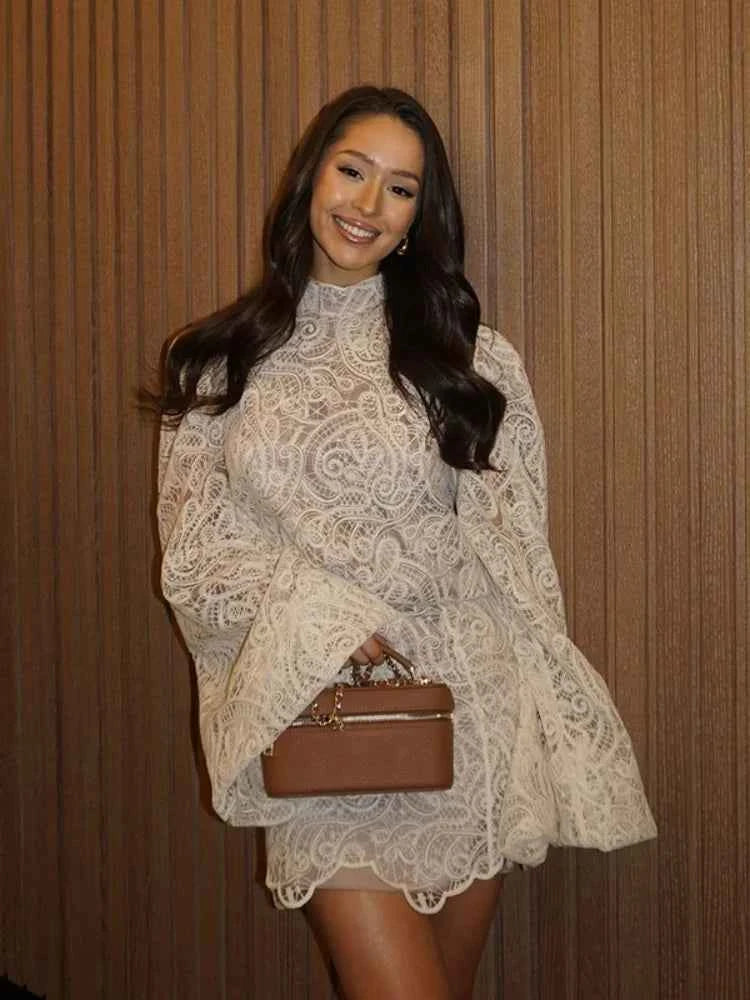 Elegant Lace Hollow Out Mini Dress Women Long Sleeve Designs Chic High Neck Short Vestidos 2026 Trendy Spring Club Night Gown