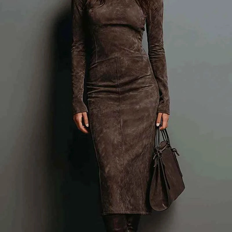 European American Women's Suede Turtleneck Long Sleeve Midi Dress Elegant Bodycon Dress for Autumn/Winter Fashion Party Clubwear
