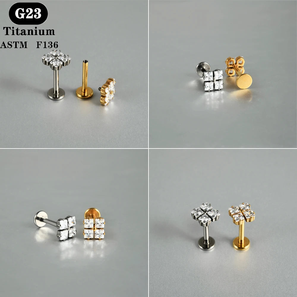 1PC ASTM F136 Titanium Zircon Flat Back Earring Flower Ear Studs Lobe Helix Tragus Cartilage Piercing Jewelry 16G