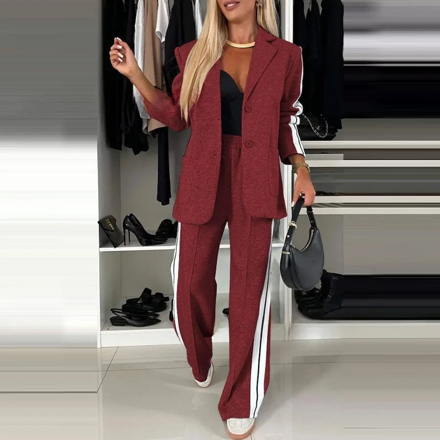 Modern Office Commute Women's Suit Set Loose Fit Long Pants High Waist Striped Casual Sportswear Long Sleeve Button up Coat