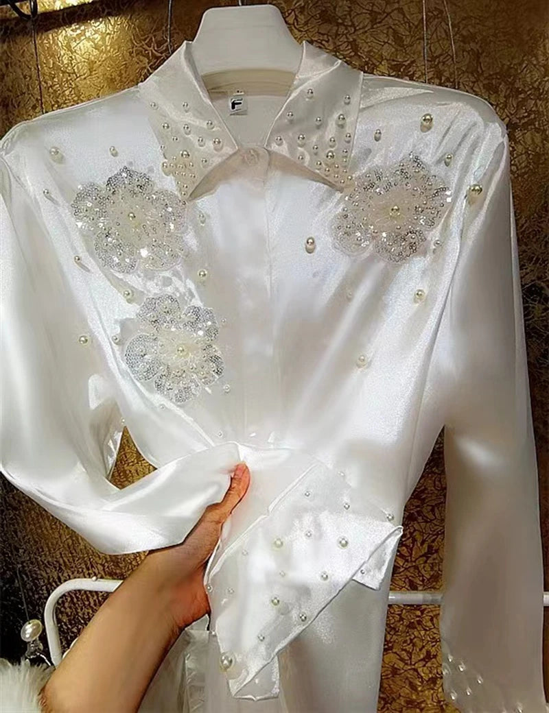 Blusas brancas com lantejoulas e miçangas estilo luxo, camisas para mulheres, vintage, botões, blusas de abotoamento simples