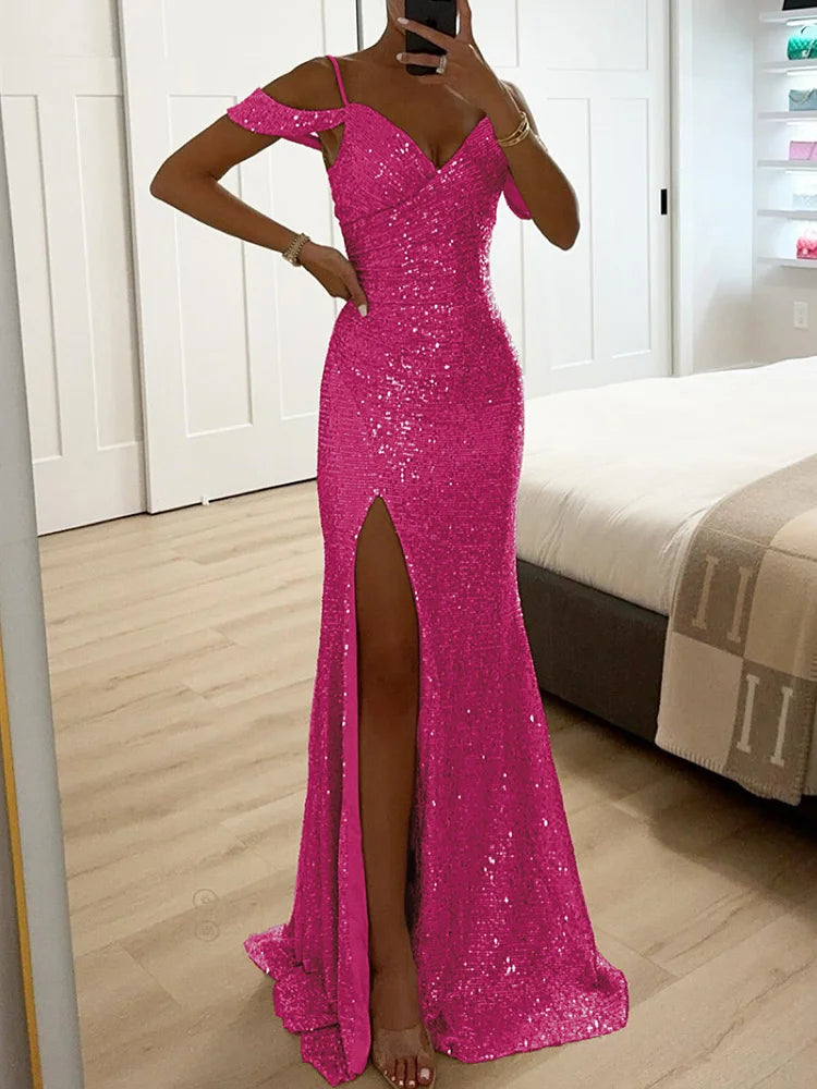Summer Women Spaghetti Strap Solid Party Dress, 2024 V Neck Sequins Patchwork Maxi Dress, New Sexy Sleeveless Split Ladies Dress