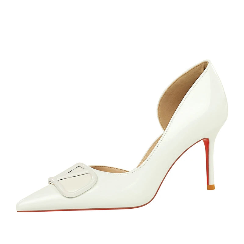 European Banquet Pointed V-Buckle High Heels Thin Heel Patent Leather Side Air Quality Women's Shoes Fashionable And Elegant