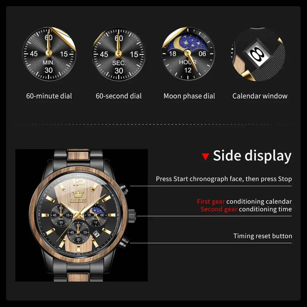 OLEVS 3645 Mens Watch Top Brand Business Original Quartz Watch Solid Wood Multifunctional Chronograph Watch Moon Phase Reloj New