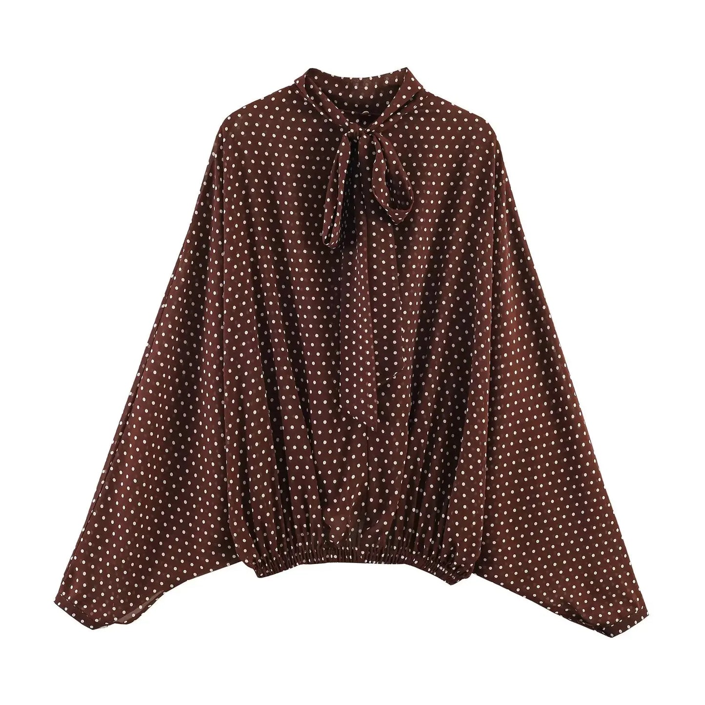 ETJ Women's Polka Dot Blouse Skirt Set 2026 Spring High Neck Batwing Sleeve Sheer Front Tie Bow Midi A-Line Dress Set