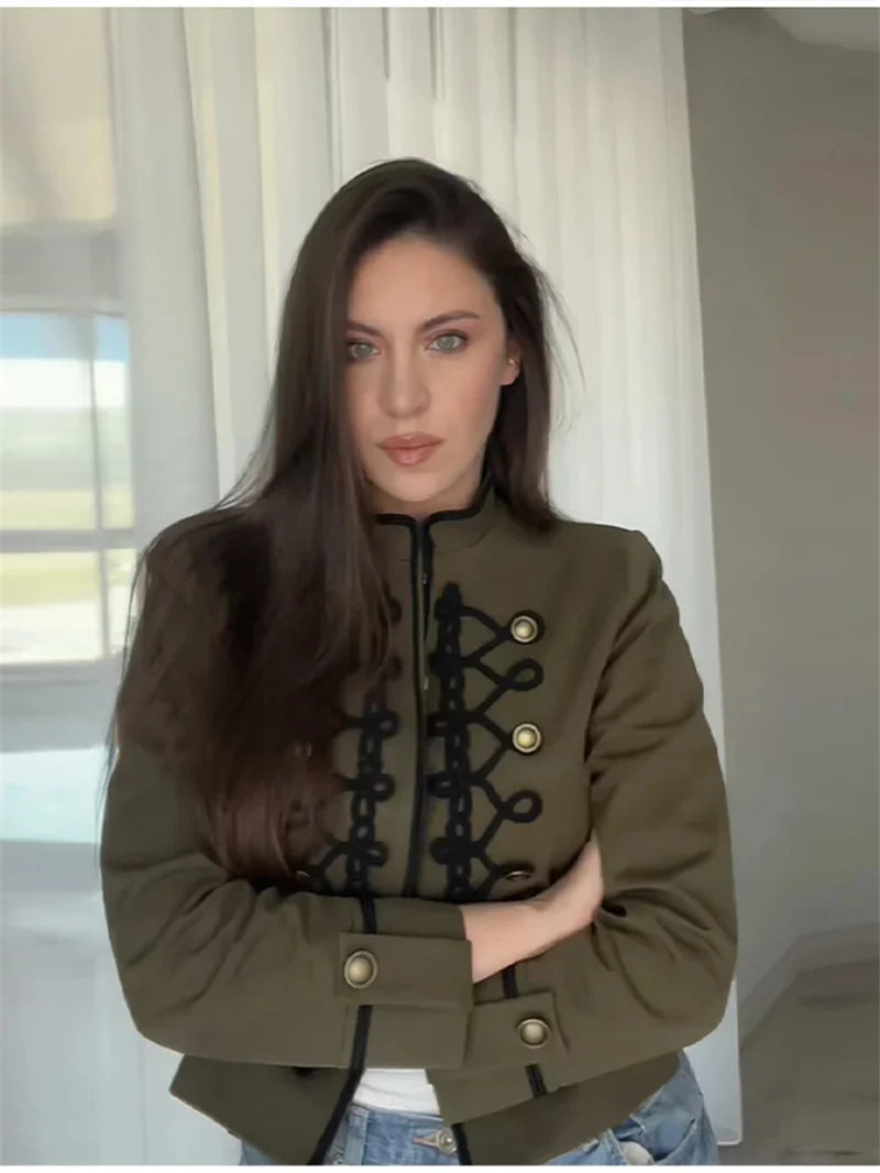 Women's Jacket 2026 Spring New Solid Color Long Sleeve Rope Knot Button Napoleon Style Slim Jacket Fashionable and Unique