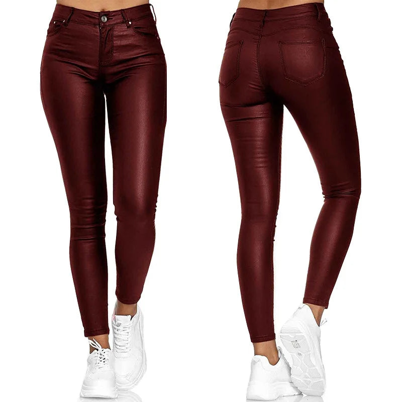 Calças de couro sintético, leggings femininas casuais elásticas e sensuais, couro sintético sólido, calças lápis justas